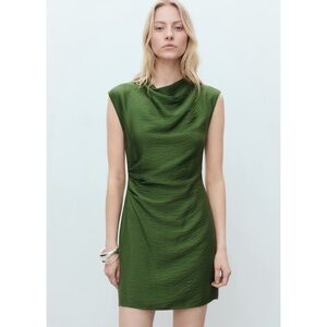 ✨ MANGO Draped Textured Green Mini Dress – Women’s M, NWT